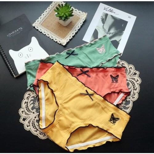 Cotton Womens Underwear Cute Bow Print Ruffled Low-Rise Underpants Ladies Panties Breathable Comfortable Female Briefs Lingerie