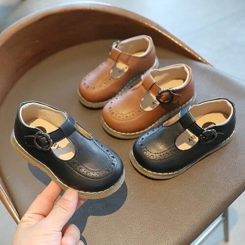 Spring Autumn Kids T Strap Shoes Fretwork Boys Shoes Black Girls Leather Princess Shoes Buckle Mary Janes Children Flats Baby