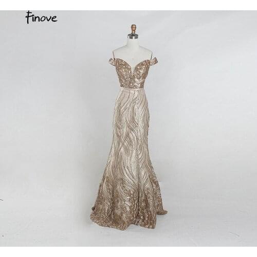 Finove Champagne Mermaid Evening Dresses 2020 Vintage Matt Sequined Sexy Off The Shoulder Lace Up Back Simple Long Dresses