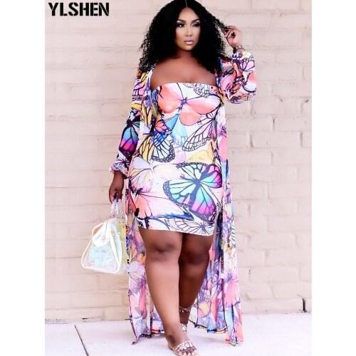 XL-4XL African Dresses for Women Vetement Femme 2021 Summer Dashiki Butterfly Print Long Maxi Dress African Clothes 2 Piece Set