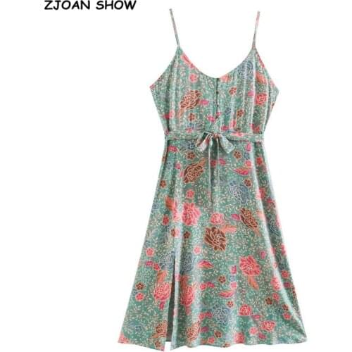 Green BOHO Open Buttons V neck Camellia Floral Print Sling Dress Holiday Tie Bow Sashes Slit Long Spaghetti Strap Dresses Summer
