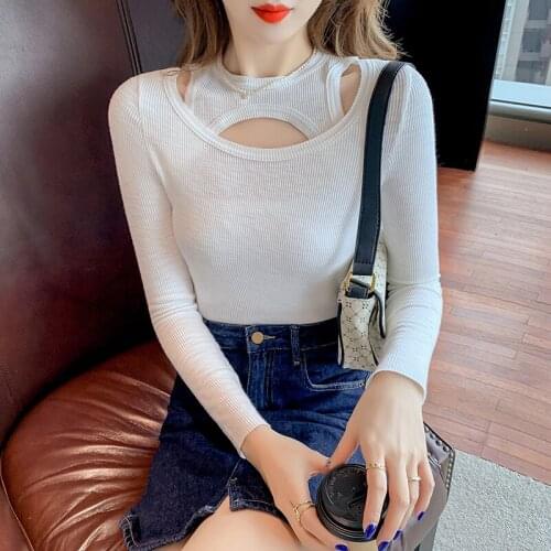 Tshirt Women 2021 Fashion Sexy Hollow White Cotton T Shirt Female O Neck Long Sleeve Basic Slim Korean Style Woman Tops T-shirts