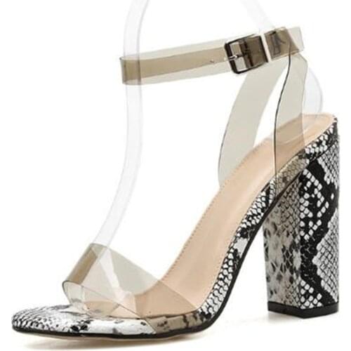 Women sandals PVC Buckle Strap 11CM Square heel High heels Round Toe Serpentine Shallow sandal women shoes 2020 size 35-42