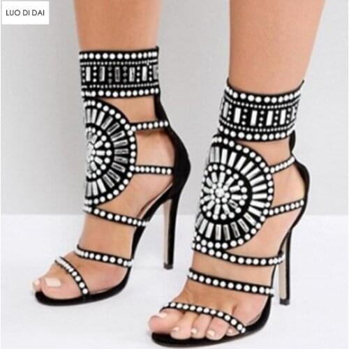 2019 New summer ladies peep toe boots gladiator sandals summer boots cuts out booties beading botas crystal stud boots women