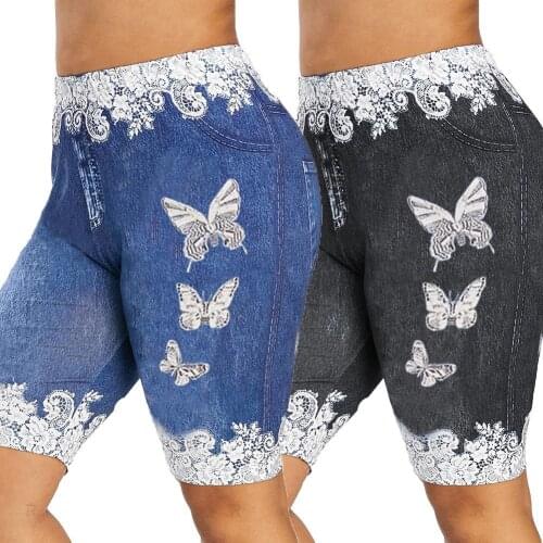 Women Fashion Lace Patchwork Butterfly Print Shorts Sports Minipants Slim Hot Pants Streetwear