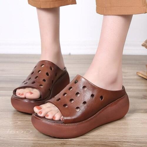 Genuine Leather Womens Garden Shoes High Platform Womens Slippers Retro Increased Wedge Womens Sandals Zapatillas Mujer