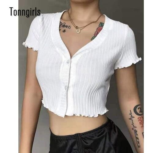 Tonngirls White Sexy Short Sleeve Crop Top Women T-shirt 2021 Summer V Neck Knitted Tops Korean Tee Shirt Femme Harajuku Clothes