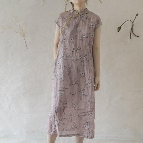 Johnature Women Vintage Stand Dresses Sleeveless Button Ramie Summer Clothes 2021 New Print Floral A-Line Original Cheongsam