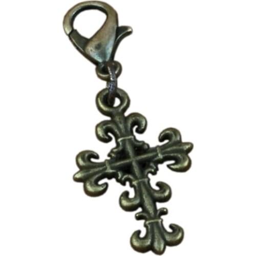 100Pcs/lots Antique Bronze Filigree Flower Cross alloy Charms Bead with Lobster clasp Fit Charm Bracelet DIY Jewelry 14x37mm