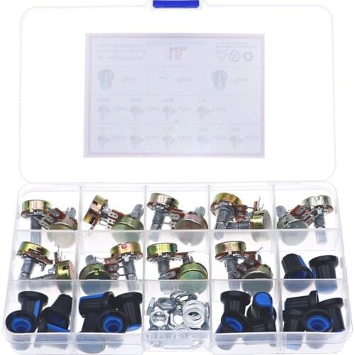 18Pcs 3Pin WH148 Single Potentiometer Kit B1K 5K 10K 20K 50K 100K 500K 1M with knobs Single potentiometer set Shaft Nuts