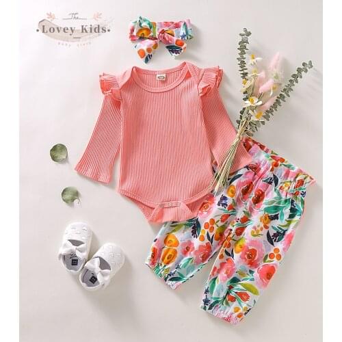 2020 Autumn Toddler Baby Girl Outfit Sweet 3PCS Cotton Soft Long Sleeve Ruffle Floral Print Top Bodysuit Pants Headwear Headband