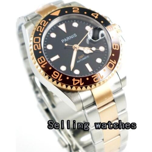 40mm PARNIS black dial Sapphire glass ceramic bezel GMT automatic mens watch