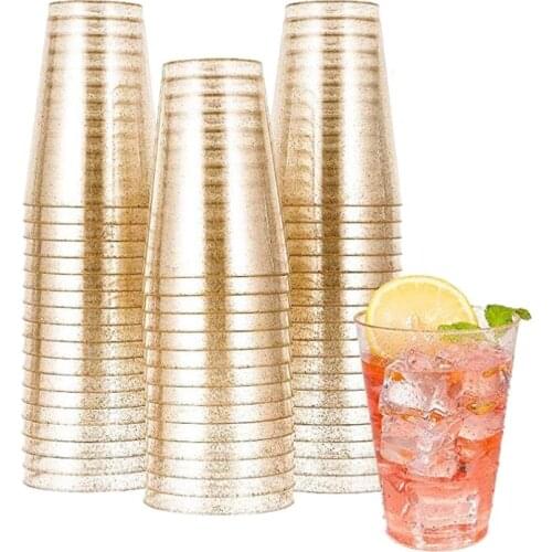 50Pcs 10OZ Gold Plastic Cups, Disposable Gold Glitter Plastic Cups, Clear Plastic Cups Tumblers, Wedding Cups Party Cups