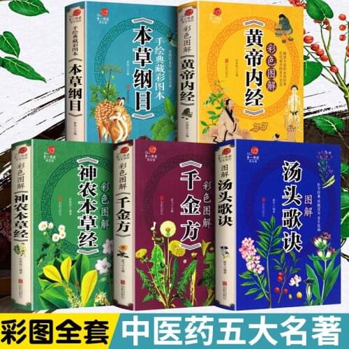 Booculchaha Chinese medicine famous book illustration with translatation Compendium of Materia Medica Qian Jin Fang,5pcs-H