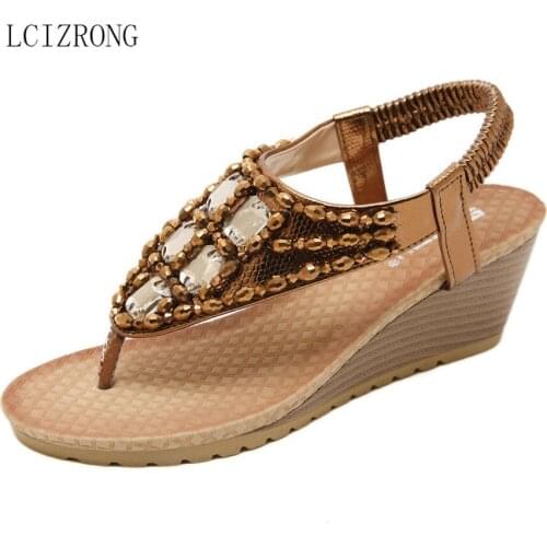 LCIZRONG Fashion Women Wedges Shoes Luxury Rhinestone Bohemia Beach Sandals Summer Italian Style Casual Ladies Shoes Large Size