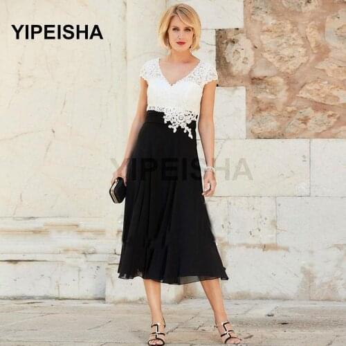 Elegant V-Neck Cap Sleeves Mothers Dresses Appliqued Chiffon Tea-Length MoM of Bride Dress vestido de madrinha Formal Gown