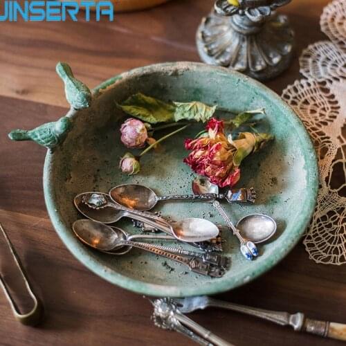 JINSERTA Metal Storage Tray Retro Dessert Cake Bread Snack Plate Home Desktop Sundries Organizer Garden Flower Pot Decor