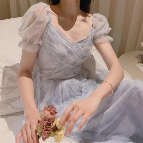 Kawaii Summer Lace Chiffon Fairy Dress Women Sweet Casual Puff Sleeve Autumn Clothes Japanese Vintage Mesh Bandage Lolita Dress