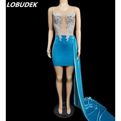 Women Fashion Mesh Transparent Blue Velvet Rhinestones Skinny Short Dress Birthday Celebrate Prom Singer Host Stage Costume