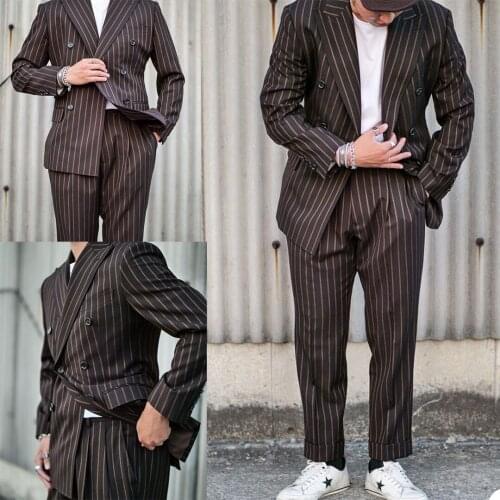 Fashion Stripe Suit Gentleman Style Custom Made Double Breasted Business Men Blazer Smart Casual Daily Party Jacket