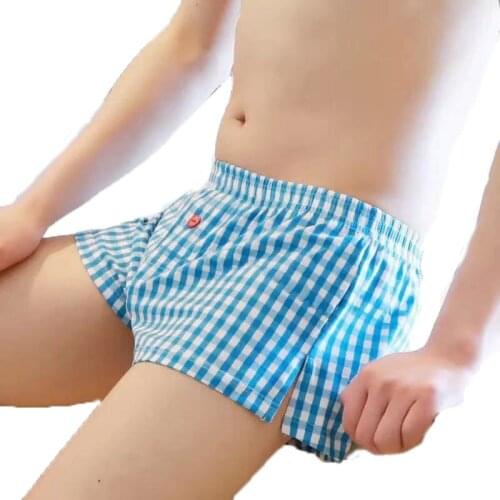 Mens Sexy Popular Low Waist Cotton Plaid Boxers, Four Seasons Fashion Loose Comfortable And Breathable Home Four Legged Pants