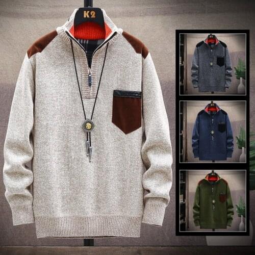Mens sweaters autumn and winter thick fleece warm zipper pullover stitching sweater fashion casual bottoming shirt