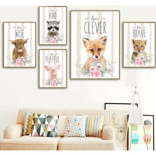 Elephant Lion Raccoon Fox Giraffe Rabbit Animal Wall Art Canvas Painting Nordic Posters And Prints Wall Pictures Kids Room Decor