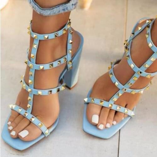 New Women Sandals Summer Luxury Brand Design Rivet High Heels Fashion Womens Thick Heel Sexy Open Toe Sandals Women Shoes