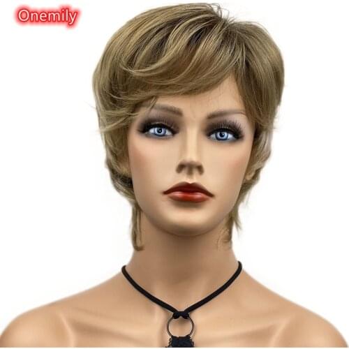 Onemily Short Straight Layered Pixie Cut Hair Chestnut Brown Golden Blonde Mixed Women Synthetic Wig