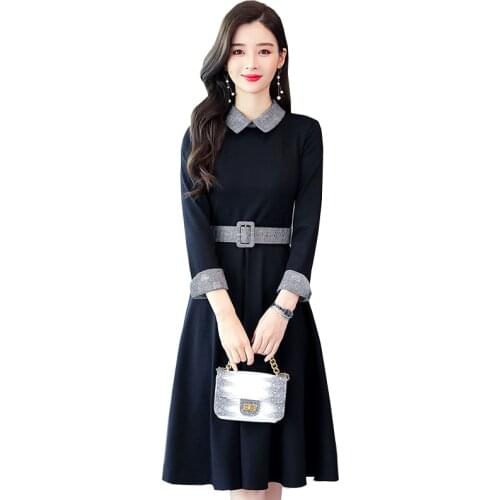 Autumn Winter New Fashion Long Black Dress Women Plus size Temperament Elegant Belt Slim Dresses Women Long Sleeve Dress D3299