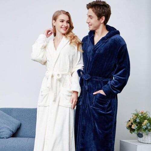 BALDAUREN Autumn And Winter Pure Color Noble Home Thickening And Lengthening Smooth Flannel Hooded Long Night Gown Coral Fleece