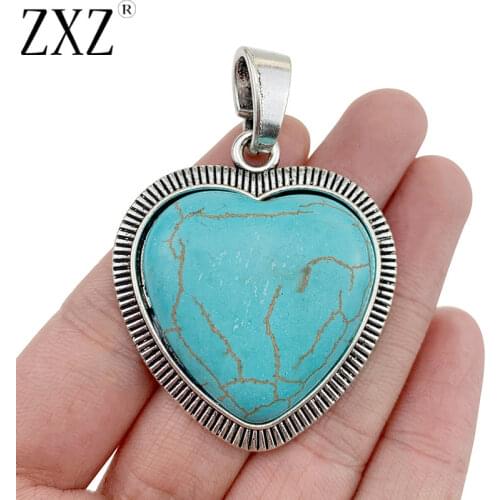 ZXZ 2pcs Tibetan Silver Large Heart Shape Faux Turquoise Stone Charms Pendants for Necklace Jewelry Making Accessories 59x42mm