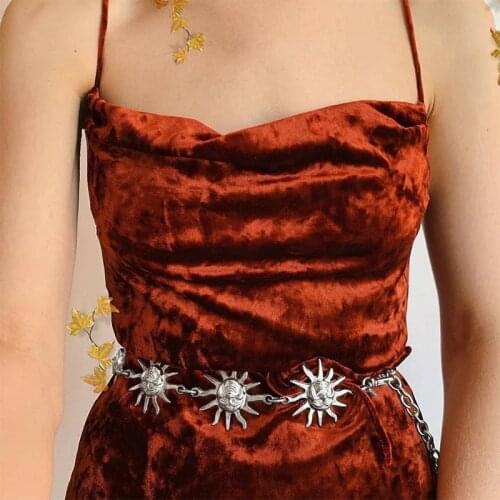 New Fashion Punk Moon Sun Metal Belt Women Vintage High Waist Chain Waist Belts Gothic Sliver Pendant Belts Female