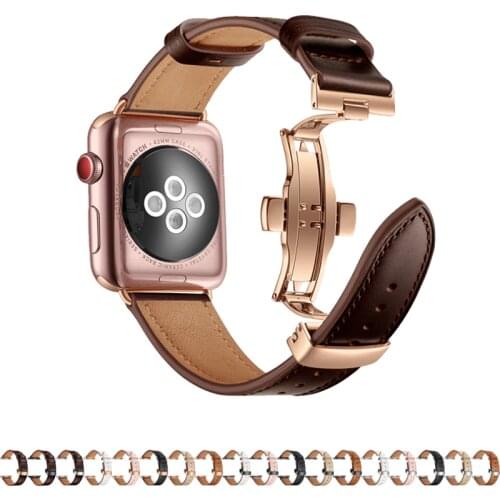Genuine Leather strap for apple watch band 42mm 44mm 38mm 40mm iwatch series 6/5/SE/4/3/2/1 Butterfly buckle bracelet wristband