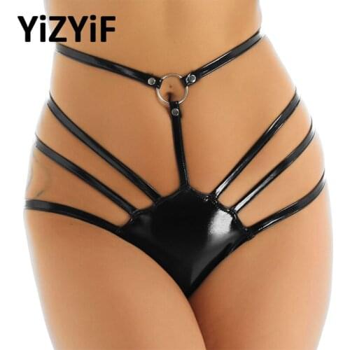 Sexy Women bikini bottom G-string thong bikini Wet Look Patent Leather Adjustable Waist High Cut Solid Strappy Underwear Panties