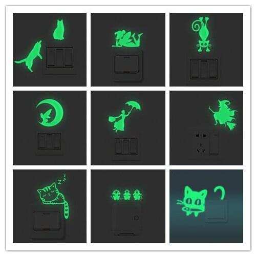 Luminous Cartoon Switch Stickers Night Owl Fluorescent Stickers Moon Stars Room Home Decoration Dancing Girl Wall Stickers