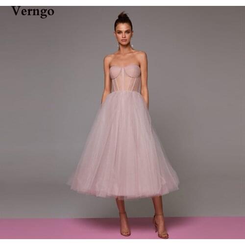 Verngo Pink Lavender Blue Tulle Short Prom Dresses 2021 Transparent Corset Bustier Tea Length Midi Evening Formal Party Dress