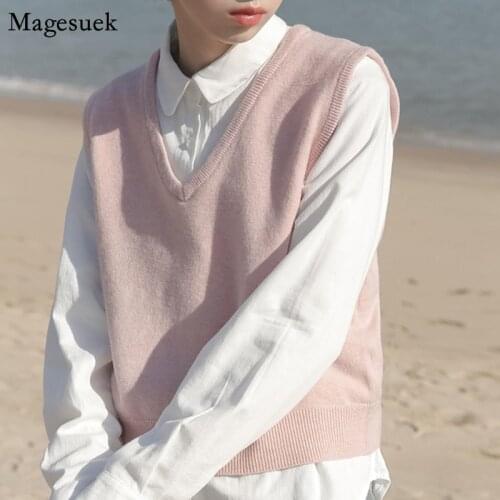 Spring Autumn 2021 Knitted Sweater Vest Women Loose Pullover Cashmere Vest Sweaters Woman Vintage Solid Knit Vest Female 16471