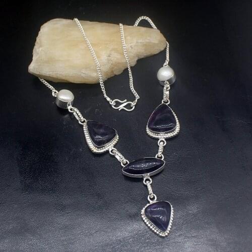 Gemstonefactory Jewelry Big Promotion 925 Silver Purple Charoite White Biwa Pearl Ladies Women Chain Necklace 44cm 20213364