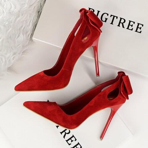 Sexy Cut-Outs Sweet Bowtie Women Pumps New Arrival Concise Solid Flock Pointed Toe Shallow High Heels Women Shoes Size 34-40