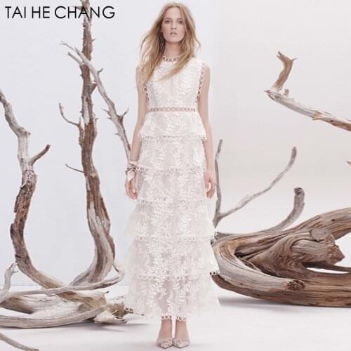 2018 women high-end fashion designer elegant vestidos bodycon slim party white runway summer lace sexy long maxi dress 288290