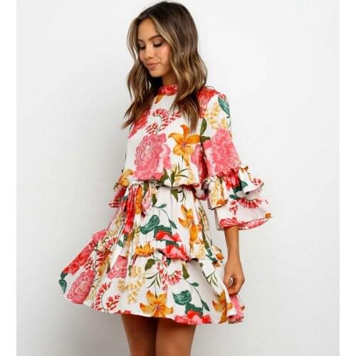 Women Vintage Flower Printed Sashes Ruffled A-line Dress Three Quarter Sleeve O neck Mini Dress 2021 Spring New Fashion Dress