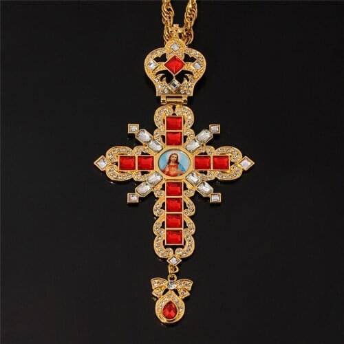 Gold Cross Pendant Necklace Orthodox Crucifix Red Rhinestone Coin Necklaces For Women Religious Jewelry Long Chain Necklace Box
