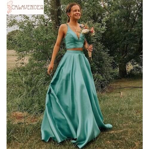 Satin Aqua Bridesmaid Dresses Two Pieces A-Line brautjungfer kleider Draped Maid of Honor Dresses Woman Party Night