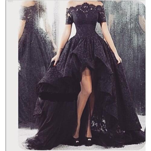 Summer style Black lace Evening dress Front short back long Evening gowns vestido de festaNight Long Prom Dresses