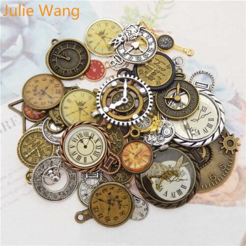 Julie Wang 10pcs Random Mixed Clock Watch Face Charms Alloy Necklace Pendant Finding Jewelry Making Steampunk Accessory