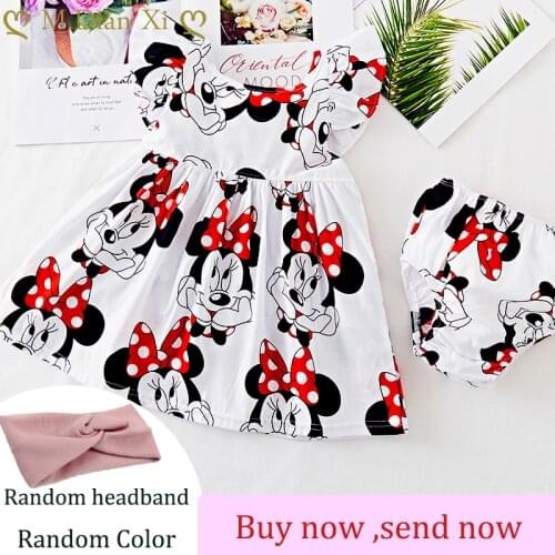 Summer Baby Girls Clothing Sets Cartoon Minnie Dress+underwear+Random Headband 3pcs Infant Newborn Baby Girls Outfits Clothes