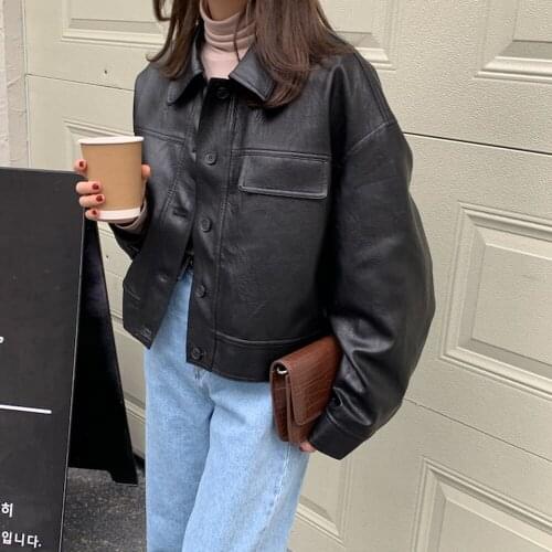 Button Up Basic Short Coat Turndown Collar Motor Biker Jacket New Women Spring Autumn Fashion Black Faux Leather Bomber Jackets