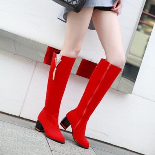 2021 Fashion Knee High Boots Womens Winter Boots Thick High Heel Long Boots Round zipper Spring Autumn Shoes Woman Black Red
