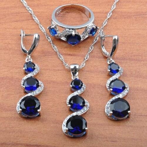 Fashion Wedding Jewelry For Women Jewelry Sets Blue Cubic Zirconia Pendant Earrings Ring Necklace Set JS0136